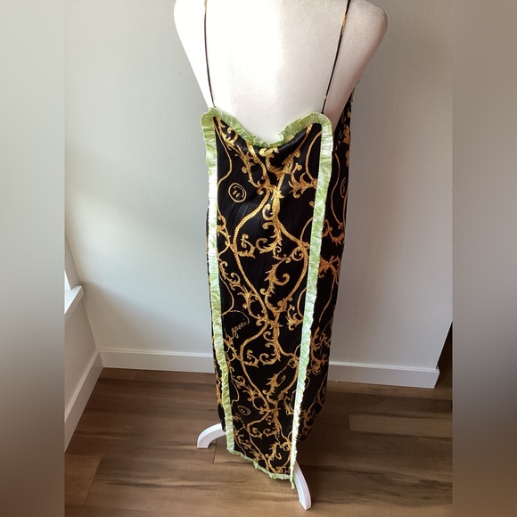 NWT Ganni Black Panel Ruffle Slip Dress, 36, green trim gold chain print - Picture 5 of 12